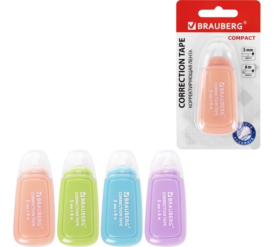 Корректирующая лента BRAUBERG Compact Plus Pastel 5 мм х 6 м, корпус ассорти, блистер 270551