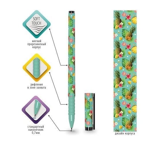 Шариковая ручка BRAUBERG SOFT TOUCH GRIP PINEAPPLE синяя, мягкое покрытие, узел 0.7 мм 143718