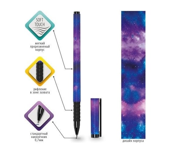 Шариковая ручка BRAUBERG SOFT TOUCH GRIP SPACE синяя, мягкое покрытие, узел 0.7 мм 143714