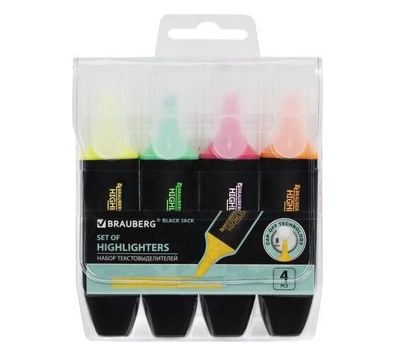 Набор текстовыделителей BRAUBERG Black Jack 4 шт, ассорти, линия 1-5 мм 151893