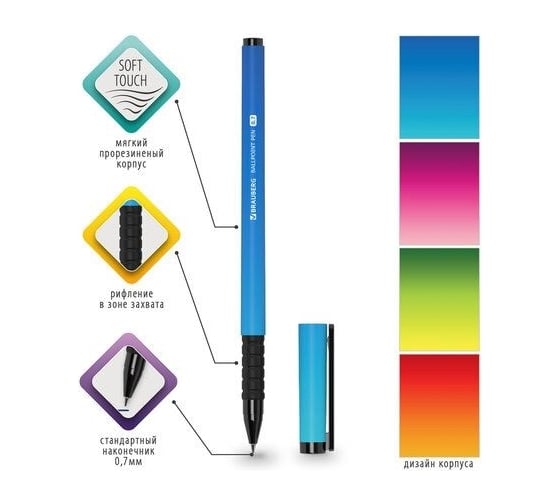 Шариковая ручка BRAUBERG SOFT TOUCH GRIP GRADIENT NEON синяя, мягкое покрытие, ассорти, 0.7 мм 143710