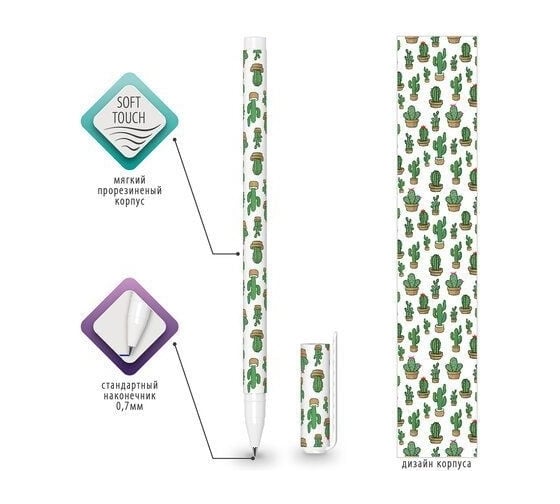 Шариковая ручка BRAUBERG SOFT TOUCH STICK CACTUS синяя, мягкое покрытие, узел 0.7 мм 143707