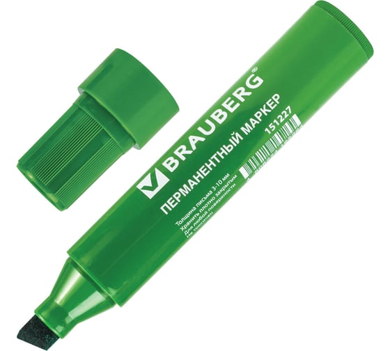 Перманентный маркер BRAUBERG JUMBO, зеленый, широкая письма, скошенный наконечник, 3-10 мм 151227 1