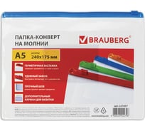 Папка-конверт на молнии BRAUBERG Smart малого формата, 240x175 мм, А5, молния ассорти, 0.15 мм 221857