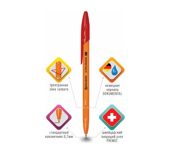 Шариковая ручка BRAUBERG Ultra Orange красная, узел 0,7 мм 143564