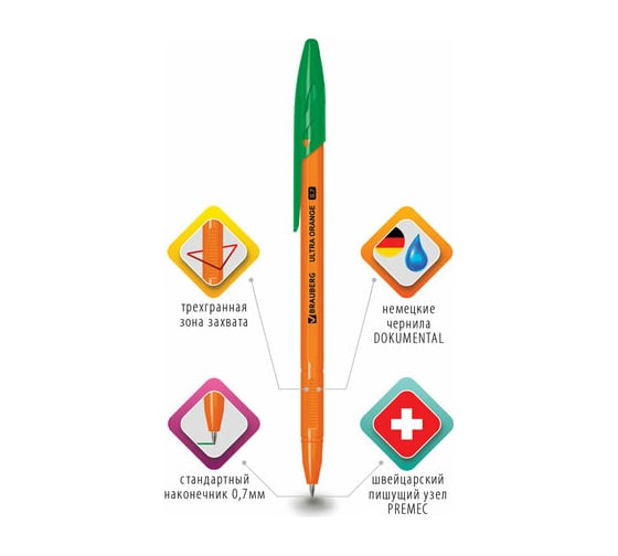 Шариковая ручка BRAUBERG Ultra Orange зеленая, узел 0,7 мм 143565