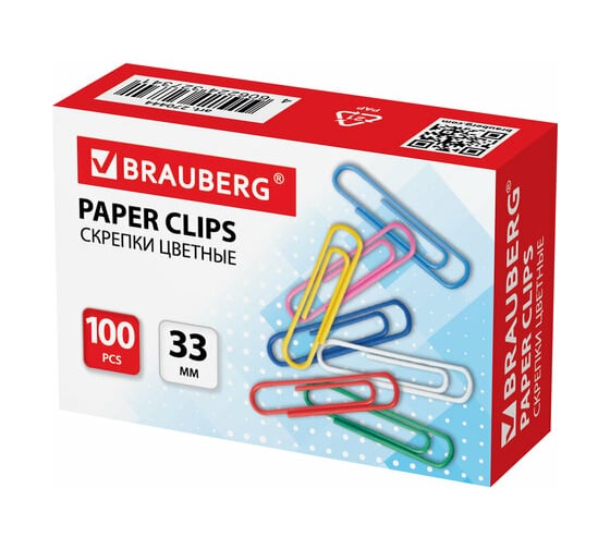 Скрепки BRAUBERG 33 мм, цветные, 100 шт., в картонной коробке 270444