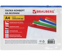 Папка-конверт на молнии BRAUBERG Smart А4, 335x238 мм, карман для визиток, молния ассорти, прозрачная, 0.15 мм 221856