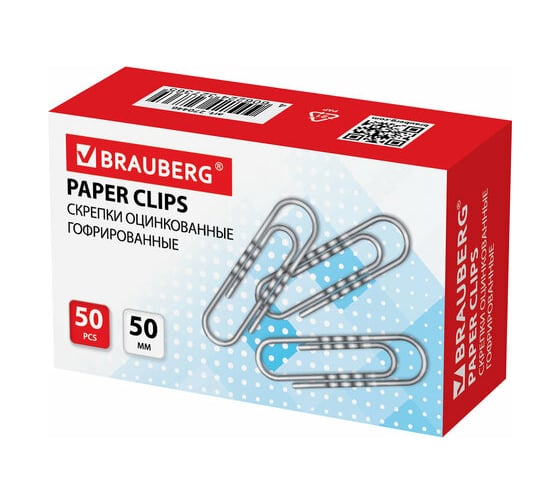Скрепки BRAUBERG большие, 50 мм, , оцинкованные, гофрированные, 50 шт., в картонной коробке 270446