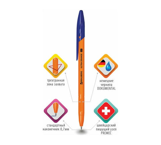 Шариковая ручка BRAUBERG Ultra Orange синяя, узел 0,7 мм, 143562