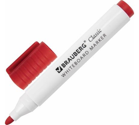 Маркер для белой доски Classic стираемый BRAUBERG, красный, 3 мм, с клипом 12 шт 152114