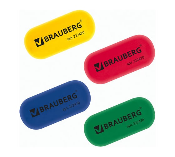 Ластик BRAUBERG, 55x23x10 мм, цвет ассорти, овальный, 222470