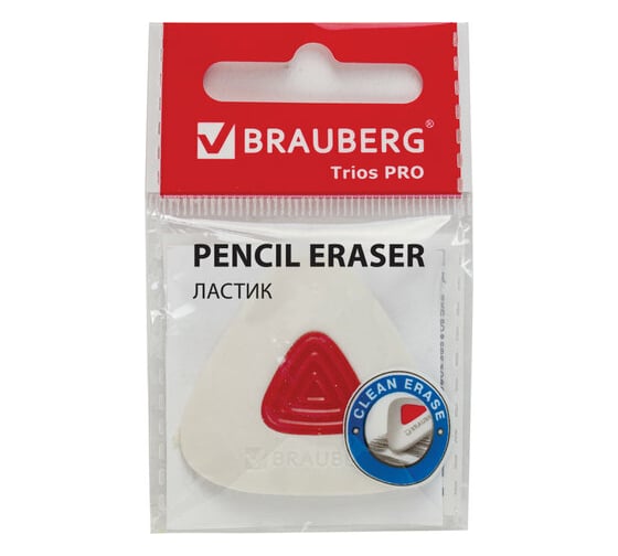 Ластик BRAUBERG Trios Pro, 36x36x9 мм, белый, треугольный, красный пластиковый держатель, 229559