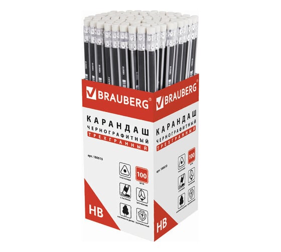 Чернографитный карандаш BRAUBERG, 1 шт., Alderida, Нв, трехгранный, с ластиком, корпус черный, заточенный, 180610