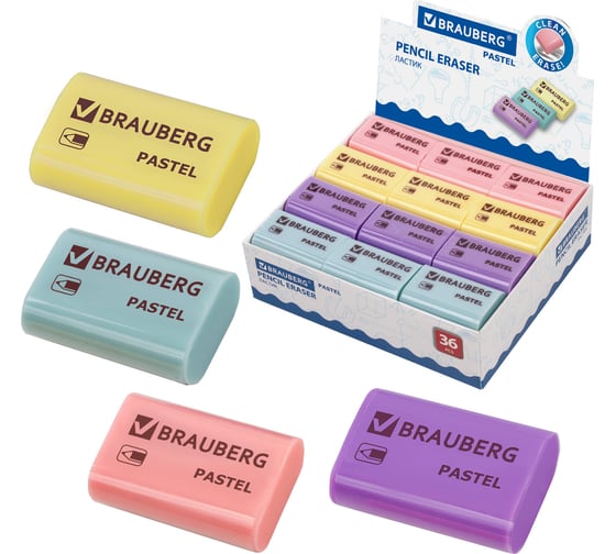 Ластик Pastel BRAUBERG, 37x24x11 мм, ассорти пастельных цветов, экологичный Пвх 36 шт 229582