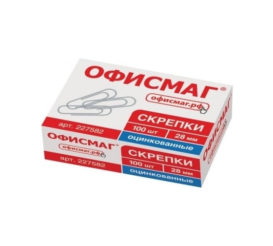 Скрепки ОФИСМАГ 28 мм, оцинкованные, 100 шт, в картонной коробке 227582