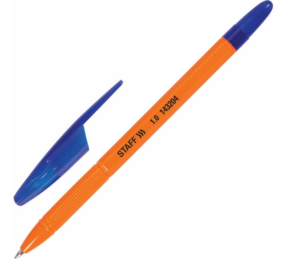 Масляная шариковая ручка Staff Basic X-100, cиняя, корпус оранжевый, узел 1 мм, линия письма 0.7 мм 143204 1