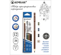 Чернографитный карандаш ACMELIAE 12 шт, 2B круглый, 4 цвета корпуса с принтом 43514