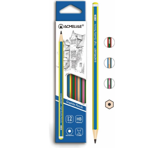 Чернографитный карандаш ACMELIAE 12 шт, HB шестигранный, корпус 2-х цветный, 4 цвета корпуса 43512