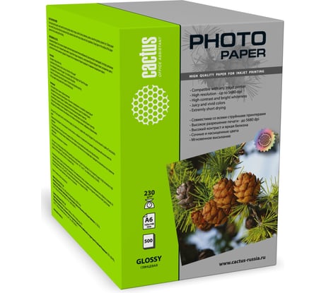 Фотобумага для струйной печати Cactus 10x15, 230г/м2, 500 листов, белая, глянцевая CS-GA6230500 805831