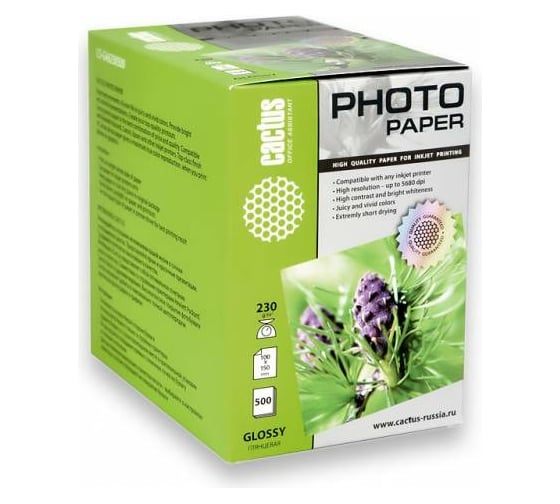 Фотобумага для струйной печати Cactus 10x15, 230г/м2, 500 листов, белая, глянцевая CS-GA6230500 805831 1