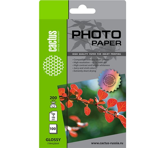 Фотобумага для струйной печати Cactus 10x15, 200г/м2, 100 листов, белая, глянцевая CS-GA6200100 805826 1