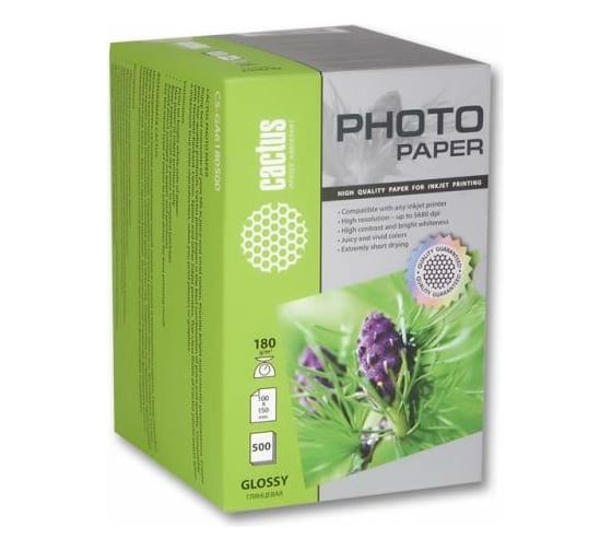 Фотобумага для струйной печати Cactus 10x15, 180г/м2, 500 листов, белая, глянцевая CS-GA6180500 805825