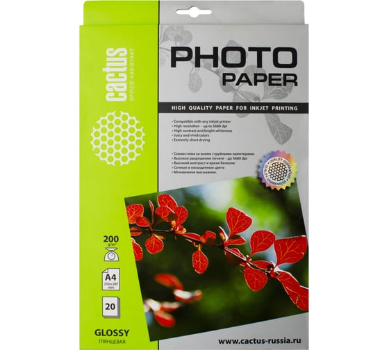 Фотобумага для струйной печати Cactus А4, 200г/м2, 20 листов, белая, глянцевая CS-GA420020 805819 1