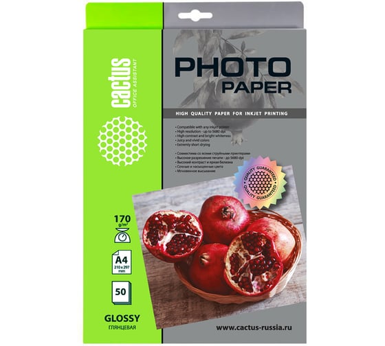 Фотобумага для струйной печати Cactus А4, 170г/м2, 50 листов, белая, глянцевая CS-GA417050 1583361 1