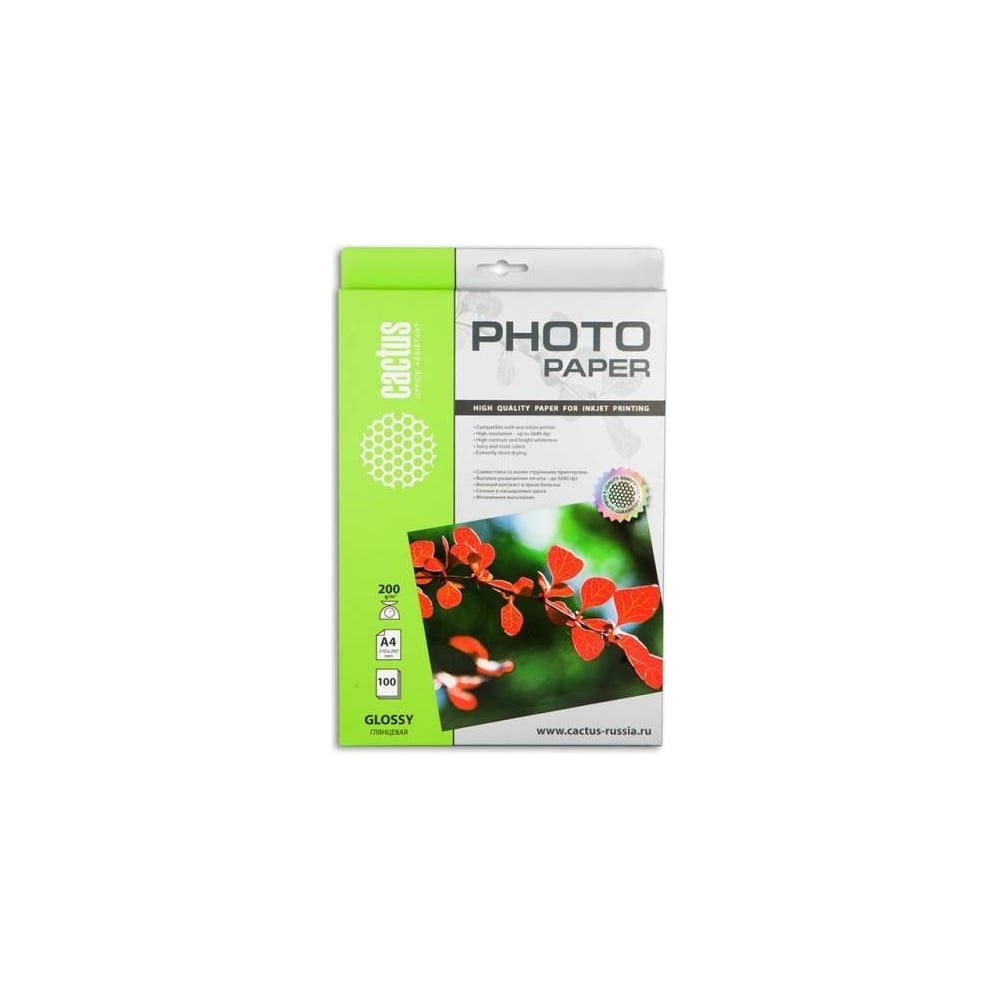 Фотобумага для струйной печати Cactus А4, 200г/м2, 100 листов, белая ...