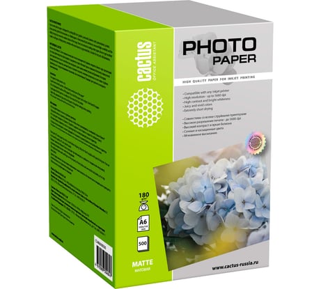 Фотобумага для струйной печати Cactus А6, 180г/м2, 500 листов, белая, матовая CS-MA6180500 1584046