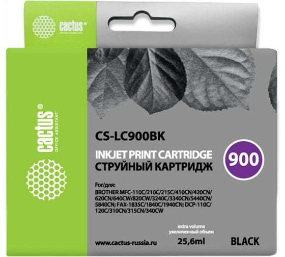 Струйный картридж для brother dcp-110/115/120/mfc-210/215/fax-1840 Cactus черный 25.6 мл CS-LC900BK 807005 1