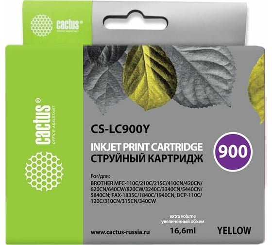 Струйный картридж Cactus желтый, 16.6 мл, для brother dcp-110/115/120/mfc-210/215/fax-1840 CS-LC900Y 807008