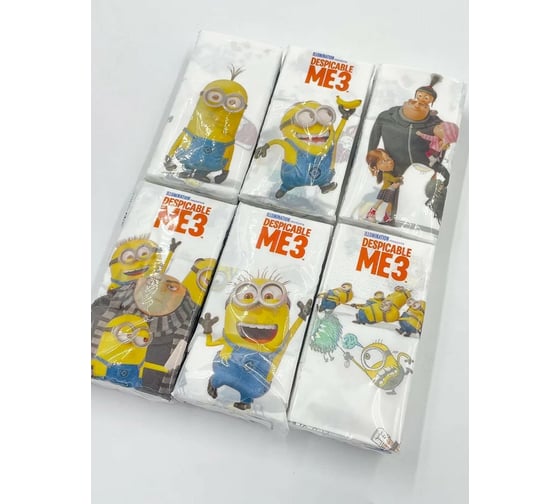 Бумажные платочки WORLD CART Гадкий Я 4-х слойные, 12 пачек по 9 листов, 21x21 см DM3/набор/12
