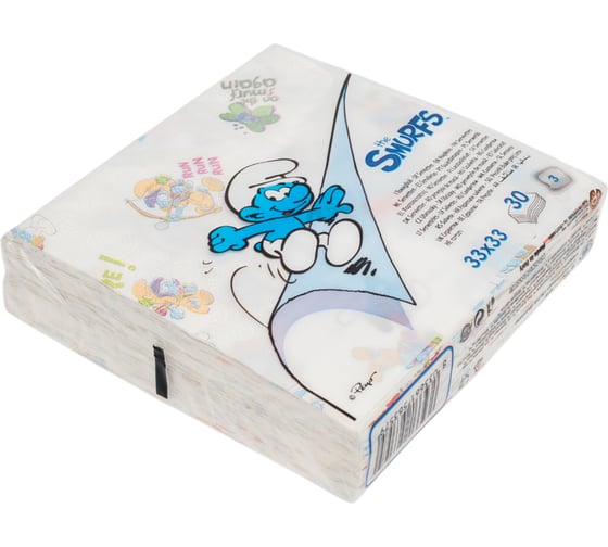 Бумажные салфетки WORLD CART Смурфики 3-х слойные, 30 листов, 32x32 см, 160 г KGSMF-NS-01