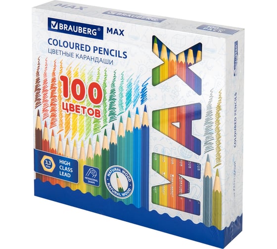 Цветные супермягкие карандаши BRAUBERG Max яркие, классические, 100 цветов, грифель 3.3 мм 181862
