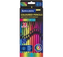 Цветные карандаши BRAUBERG Neon 12 неоновых цветов, черное дерево, трёхгранные 181852