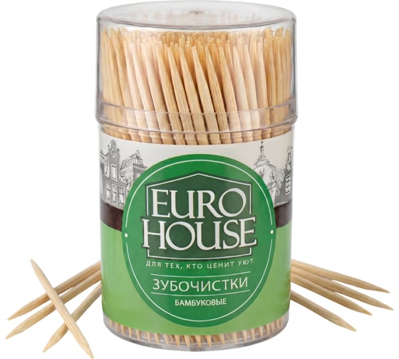Бамбуковые зубочистки EUROHOUSE в пластиковой банке, 150 шт. 13028