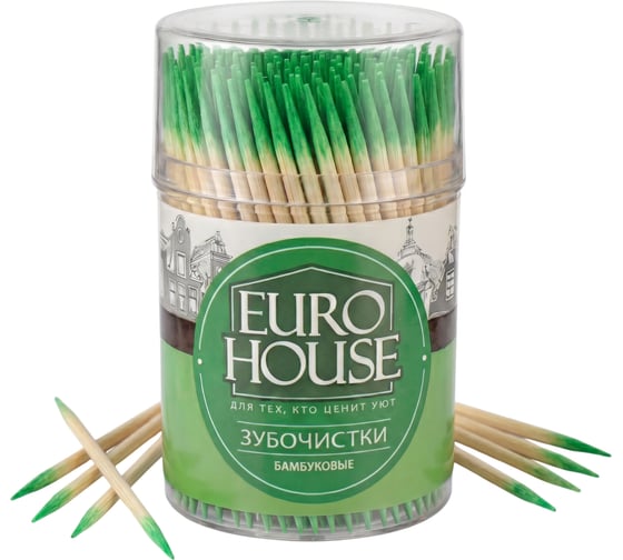 Бамбуковые зубочистки EUROHOUSE с ментолом, в пластиковой банке, 300 шт. 13463