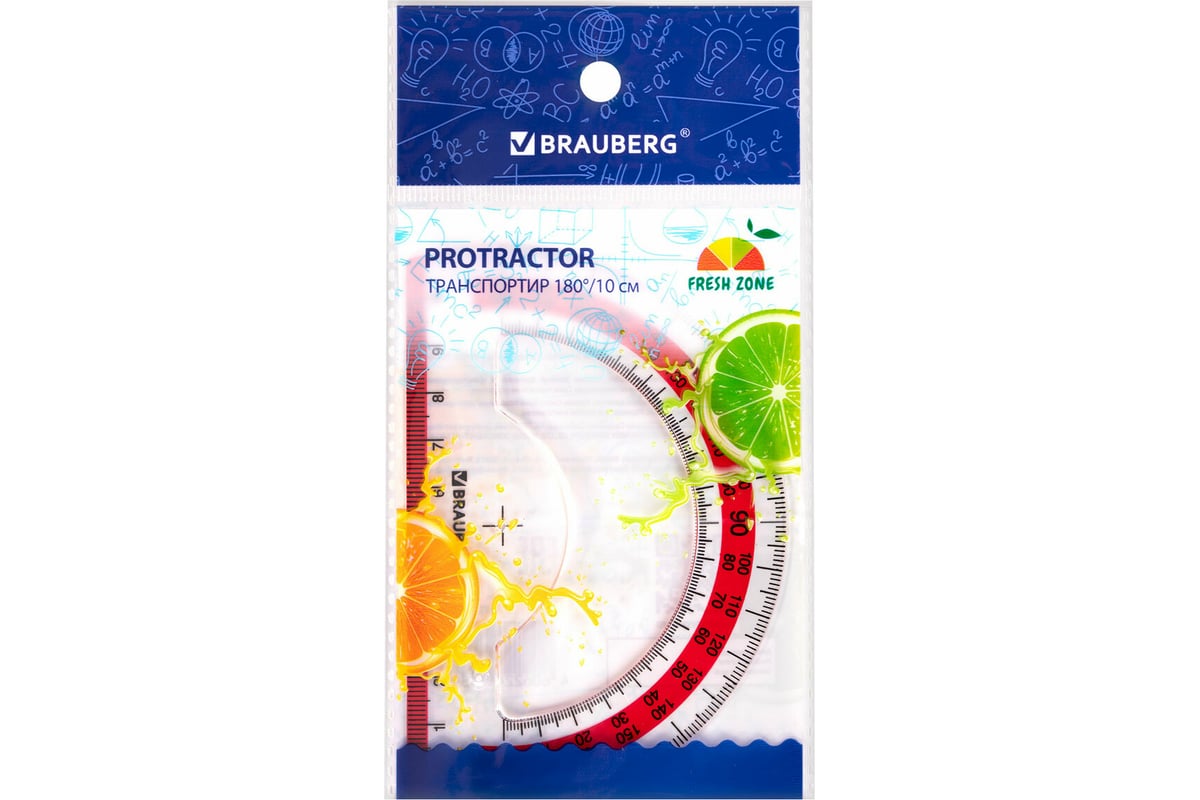 Транспортир BRAUBERG Fresh Zone 10 см, 180 градусов, пластик, прозрачный,  красная шкала 210760