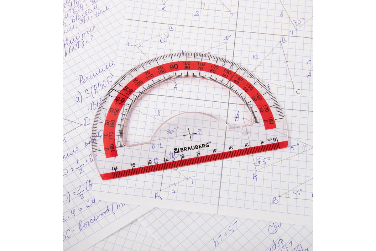 Транспортир BRAUBERG Fresh Zone 10 см, 180 градусов, пластик, прозрачный,  красная шкала 210760