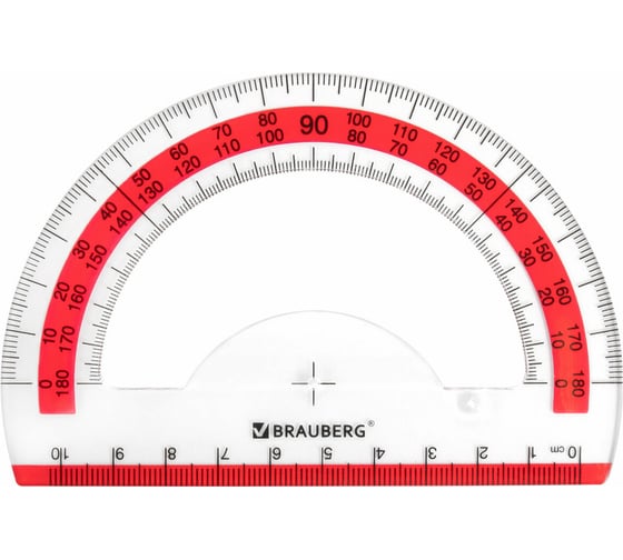 Транспортир BRAUBERG Fresh Zone 10 см, 180 градусов, пластик, прозрачный, красная шкала 210760
