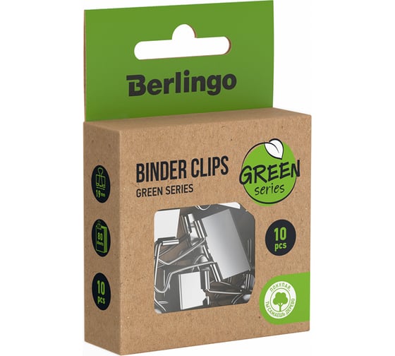 Зажимы для бумаг Berlingo Green Series 19 мм, 10 шт, крафтовая упаковка BC1019J BC_1019J
