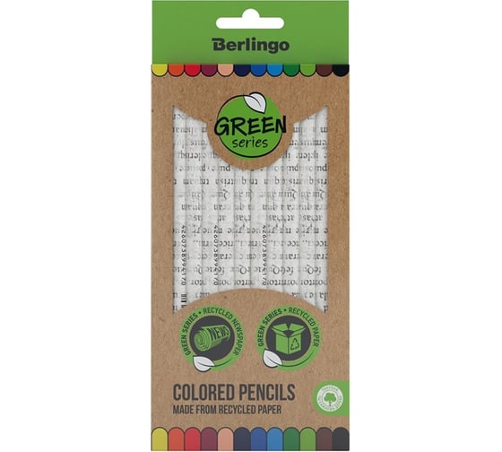 Цветные карандаши Berlingo supersoft green series 12 цветов, из переработанной бумаги, заточенные, картон, европодвес SSG0712