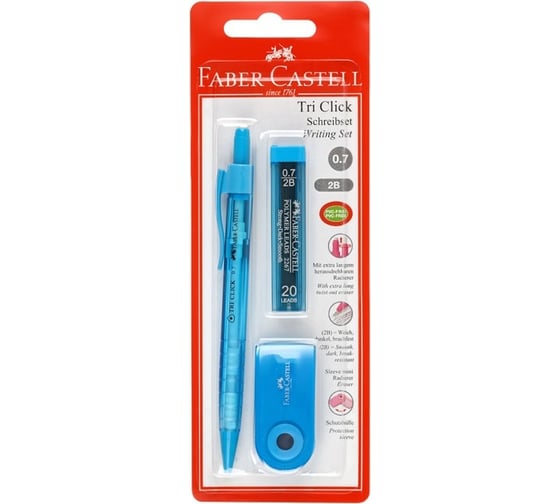 Механический карандаш Faber-Castell tri click 0.7 мм, 2b, с ластиком, грифели 20 шт, 0.7 мм + ластик sleeve mini, прямоугольный, 54x25x13 мм, пластиковый футляр, голубой, блистер 136048 1