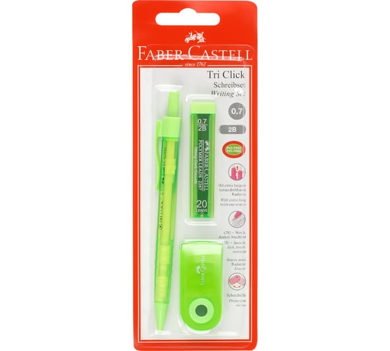 Механический карандаш Faber-Castell tri click 0.7 мм, 2b, с ластиком, грифели 20 шт, 0.7 мм + ластик sleeve mini, прямоугольный, 54x25x13 мм, пластиковый футляр, голубой, блистер 136048