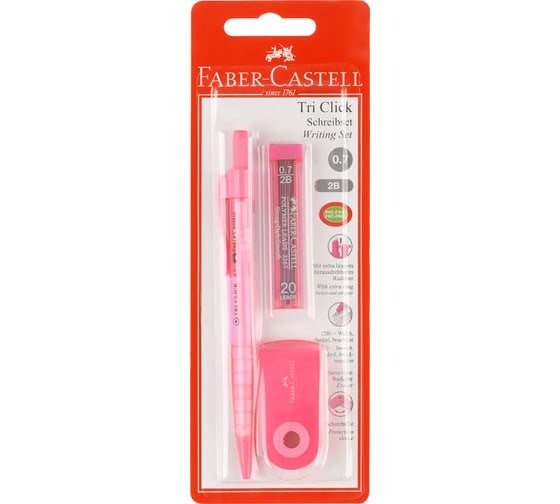 Механический карандаш Faber-Castell tri click 0.7 мм, 2b, с ластиком, грифели 20 шт, 0.7 мм + ластик sleeve mini, прямоугольный, 54x25x13 мм, пластиковый футляр, голубой, блистер 136048