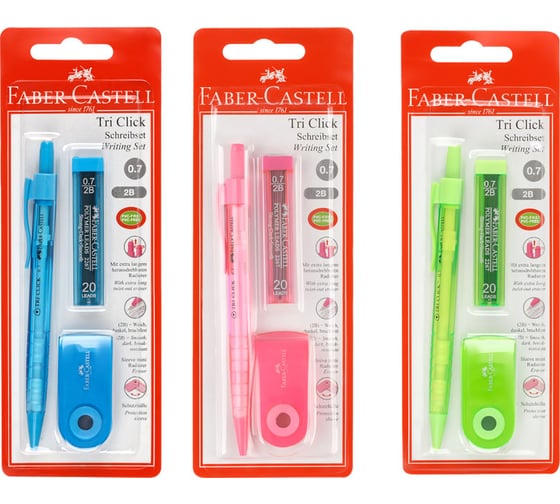 Механический карандаш Faber-Castell tri click 0.7 мм, 2b, с ластиком, грифели 20 шт, 0.7 мм + ластик sleeve mini, прямоугольный, 54x25x13 мм, пластиковый футляр, голубой, блистер 136048