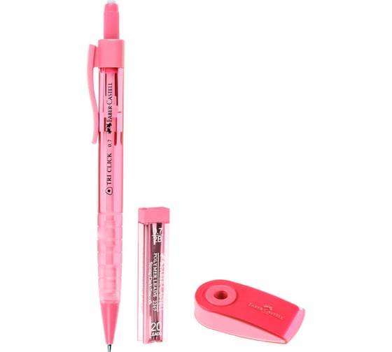 Механический карандаш Faber-Castell tri click 0.7 мм, 2b, с ластиком, грифели 20 шт, 0.7 мм + ластик sleeve mini, прямоугольный, 54x25x13 мм, пластиковый футляр, голубой, блистер 136048