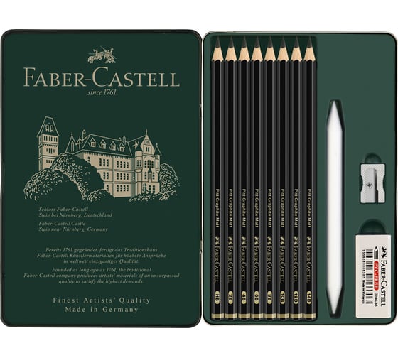 Набор чернографитных карандашей Faber-Castell матовых pitt graphite matt hb, 2b, 4b, 6b, 8b, 10b, 12b, 14b, заточенные, ластик, металлическая точилка, растушевка, металлическая коробка 11522